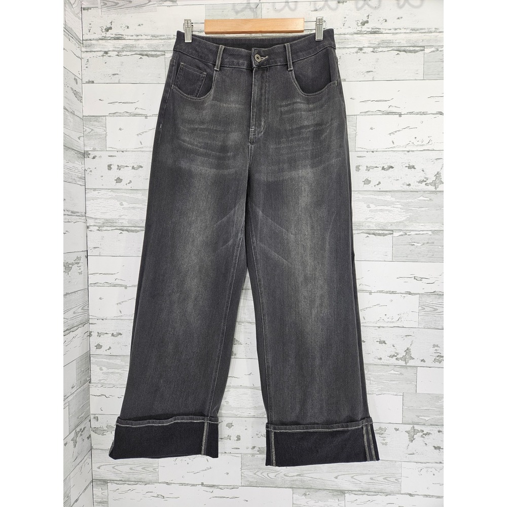 Halara Women Wide Leg Jeans Faded Black High Rise Cuffed Hem Size M Tall